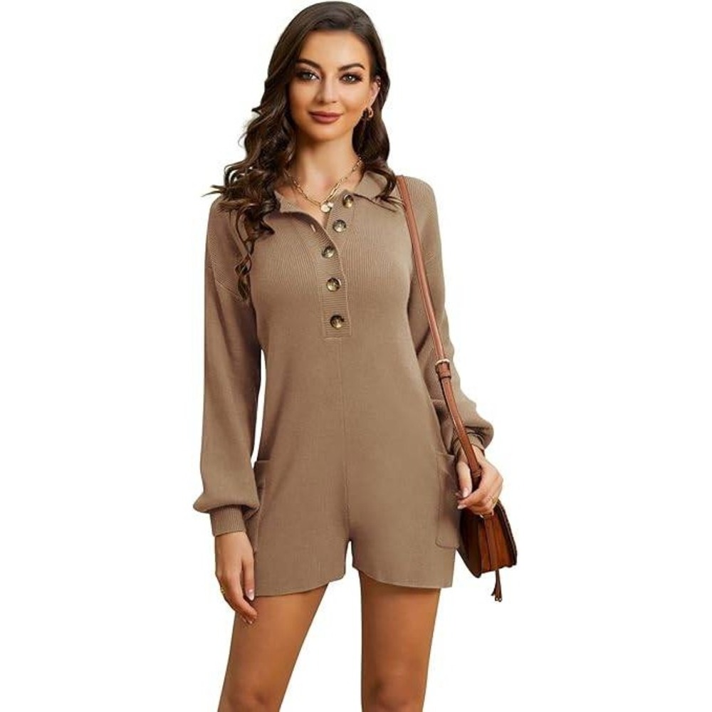 Knit Collared Button Front Romper Playsuit Tan Brown Medium‎ Long Sleeve Pockets